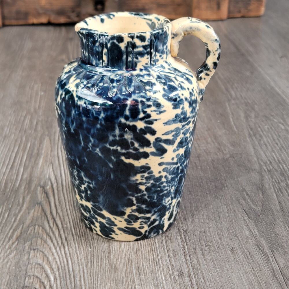 Yellow Ware Syrup Pitcher GeorgeScott Pottery Dark Blue SpongewareStoneware